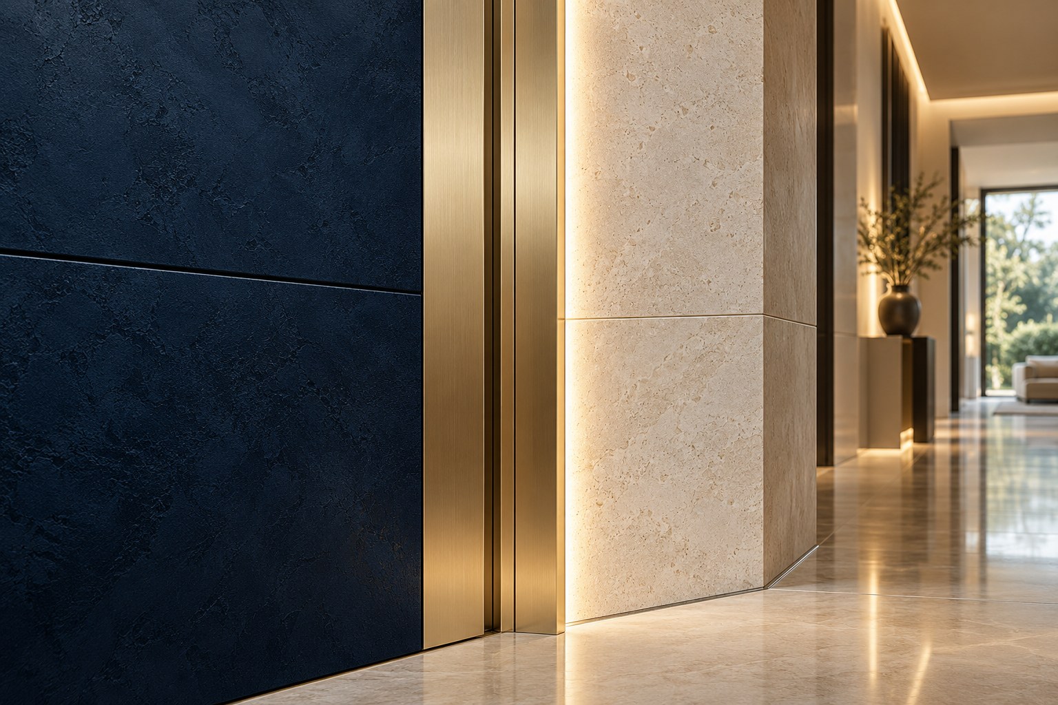 Illustrative detail of champagne metal trim, navy wall panels and natural stone